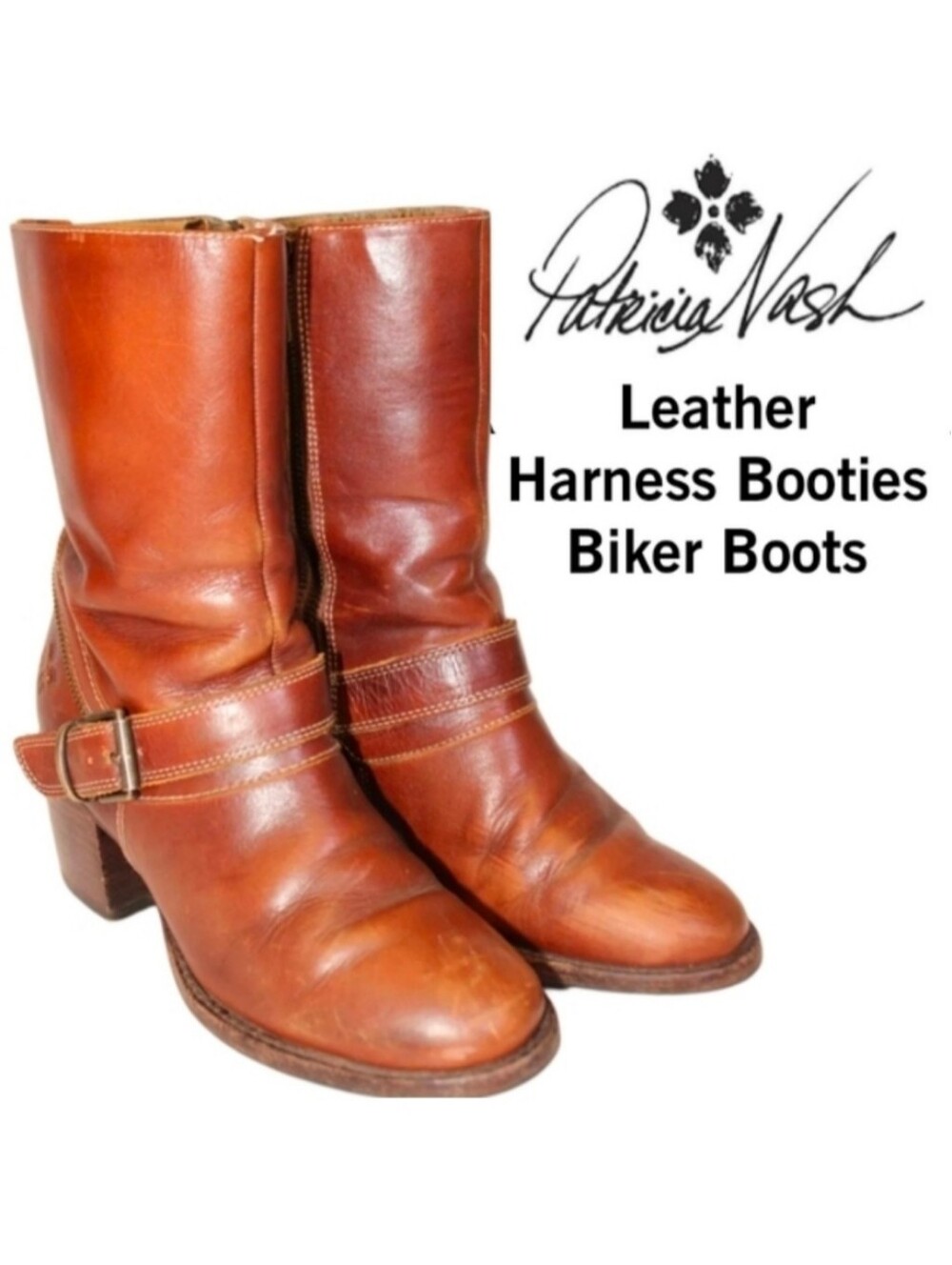 Patricia Nash Womens 7 Brown Leather Harness Booties Biker Boots RARE FIND.